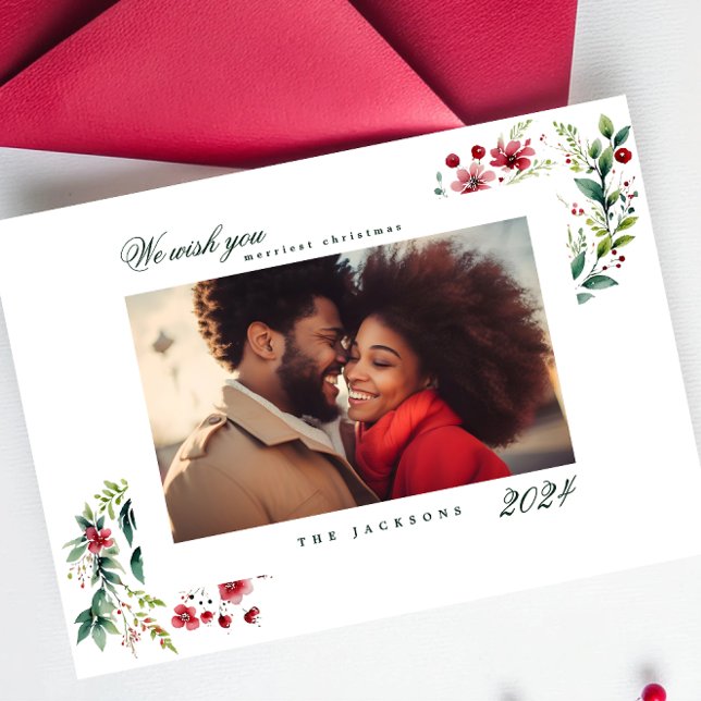 Simple Modern Christmas Cherry White Red Photo Holiday Card (Creator Uploaded)