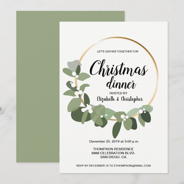 Simple Modern Christmas Dinner Party Wreath Green Invitation (Front/Back)