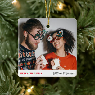 Simple Modern Christmas Modern Couple Photo Ceramic Ornament