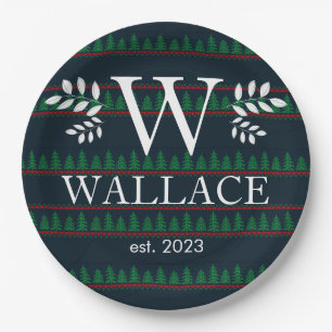Simple Modern Christmas monogram newlywed photo Paper Plate