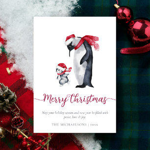 Simple Modern Christmas Penguin Botanical Holiday Card