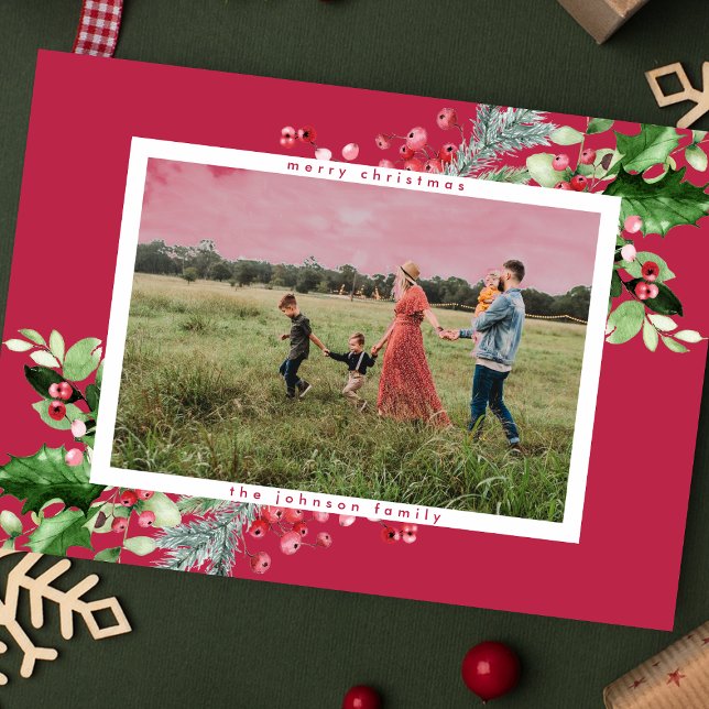 Simple Modern Christmas RED Magenta Photo Holiday Card (Creator Uploaded)