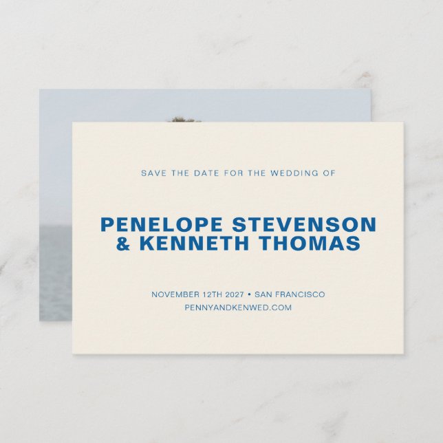 Simple Modern Cobalt Blue Photo Wedding Save The Date (Front/Back)