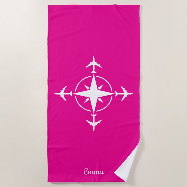 Simple Modern Compass and Aeroplane, Travel Custom Beach Towel (Front)