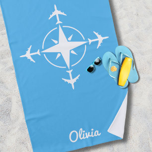 Simple Modern Compass and Aeroplane Travel Custom Beach Towel