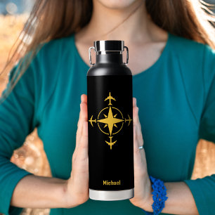 Simple Modern Compass and Aeroplane, Travel Custom Water Bottle
