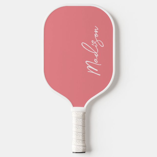 Simple Modern Coral Pink Script Monogram Name Pickleball Paddle (Front)