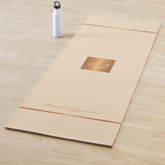 Simple modern cream gold chic monogrammed stripes yoga mat (In Situ)