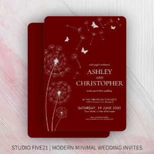 Simple Modern Crimson Red Dandelion Wedding Invitation