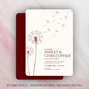 Simple Modern Crimson Red Dandelion Wedding Invitation