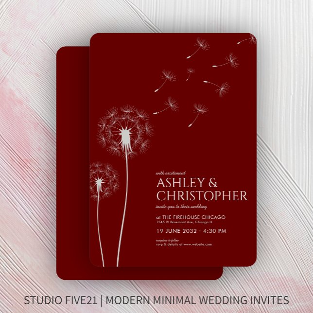 Simple Modern Crimson Red Dandelion Wedding Invitation (Creator Uploaded)