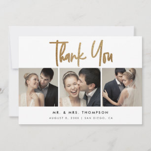 Simple Modern Custom 3 Wedding Photos  Thank You Card
