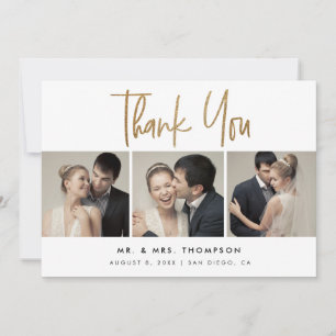 Simple Modern Custom 3 Wedding Photos  Thank You Card