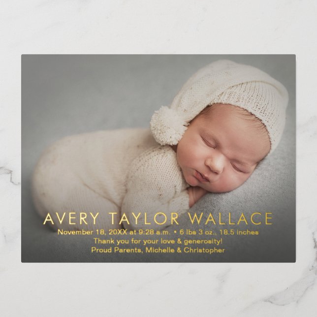 Simple Modern Custom Baby Shower Photo thank you Foil Invitation Postcard (Front)