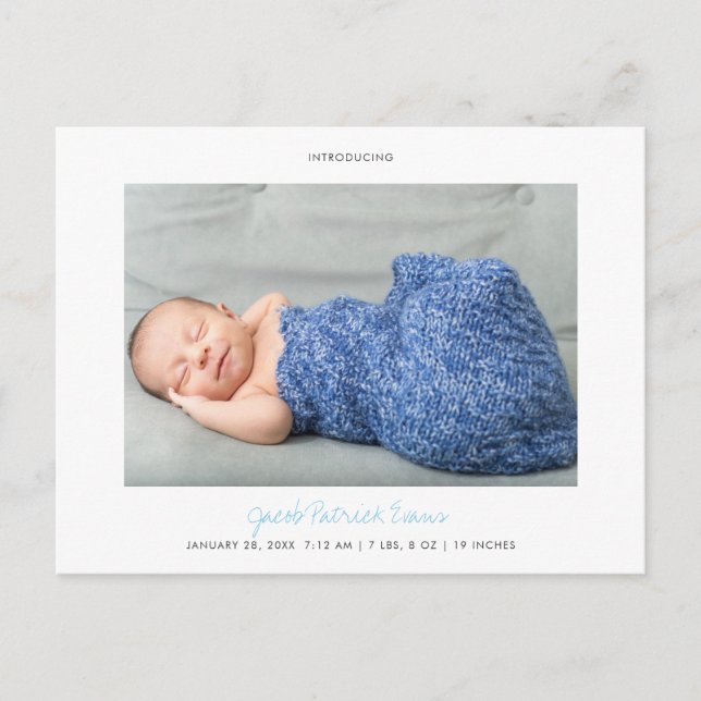 Simple Modern Custom Blue Script Baby Boy Birth Announcement Postcard (Front)