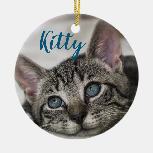 Simple Modern Custom Cat Name and Photo  Ceramic Tree Decoration (Front)
