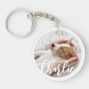 Simple Modern Custom Dog Name 2 Photo Acrylic Key Ring
