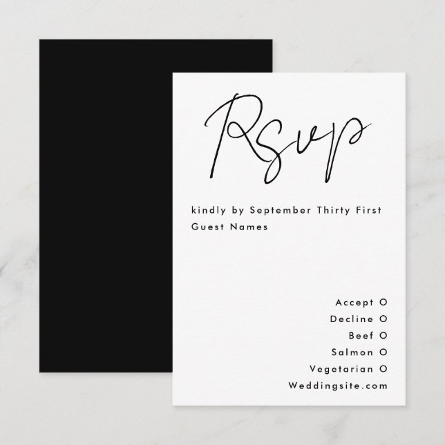 Simple Modern Custom Names Black White Wedding RSVP Card (Front/Back)
