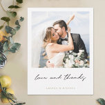 Simple Modern Custom Photo Wedding Thank You Postcard<br><div class="desc">This simply chic photo wedding thank you postcard template features a clean, modern design. We've chosen a modern script in black for 'love and thanks' on the front. This part of the design can't be altered. But you can change the colour and font of any other text to suit your...</div>