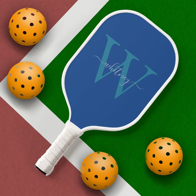 Simple Modern Cute Blue Monogram Name & Initial Pickleball Paddle (Creator Uploaded)