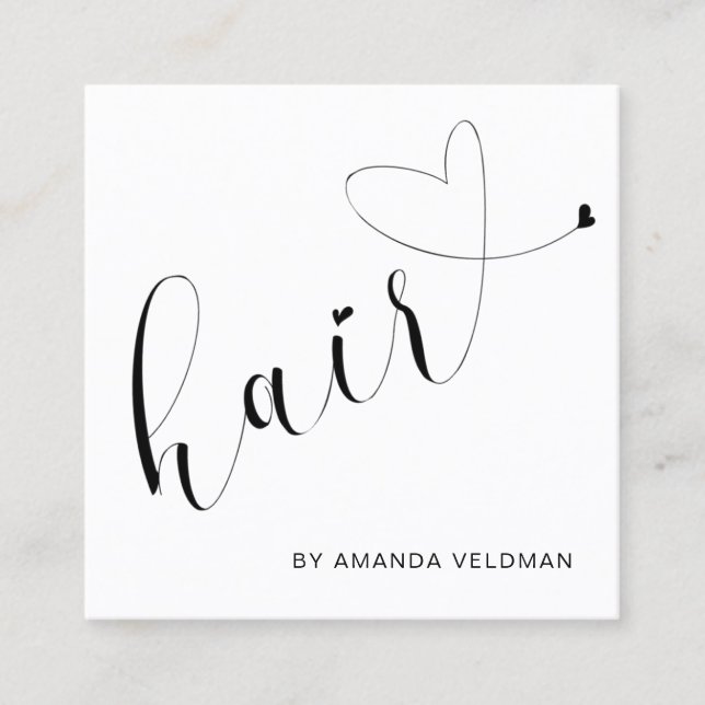 Simple Modern Cute Heart Elegant Hair Stylist Square Business Card (Front)