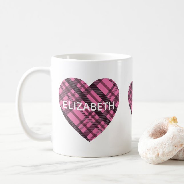 Simple Modern Cute Pink Plaid Hearts Girls Name Coffee Mug (With Donut)