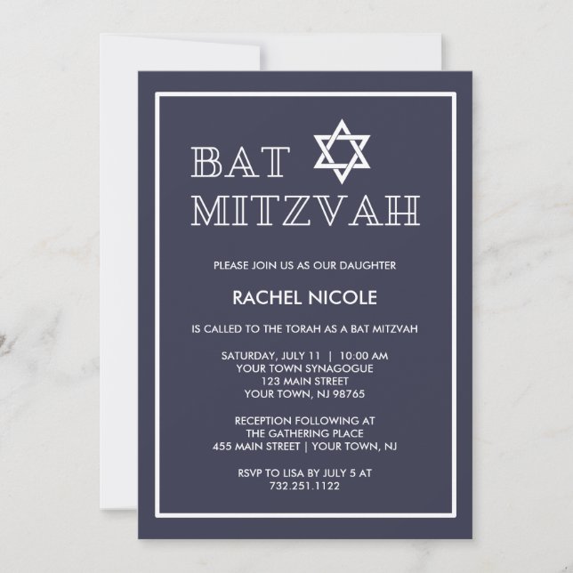 Simple Modern Dark Blue and White Bat Mitzvah Invitation (Front)