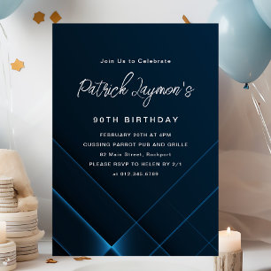 Simple Modern Dark Blue Geometric 90th Birthday Invitation