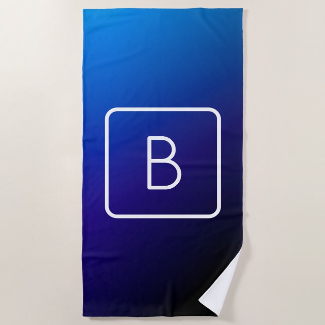 Simple Modern Dark Blue Ombre Gradient & Monogram Beach Towel (Front)