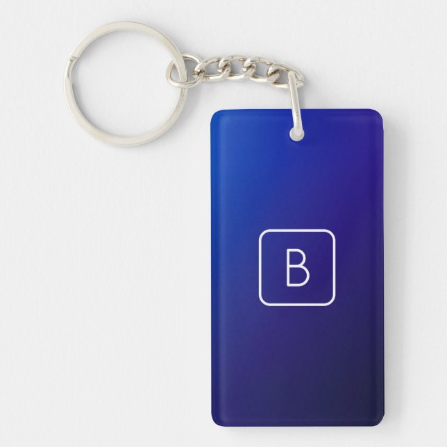 Simple Modern Dark Blue Ombre Gradient & Monogram Key Ring (Front)