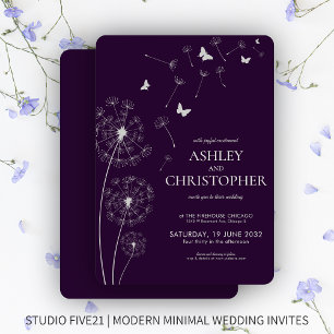 Simple Modern Dark Purple Dandelion Wedding Invitation