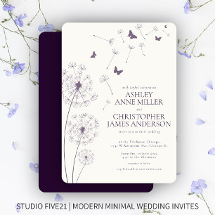 Simple Modern Dark Purple Dandelion Wedding Invitation