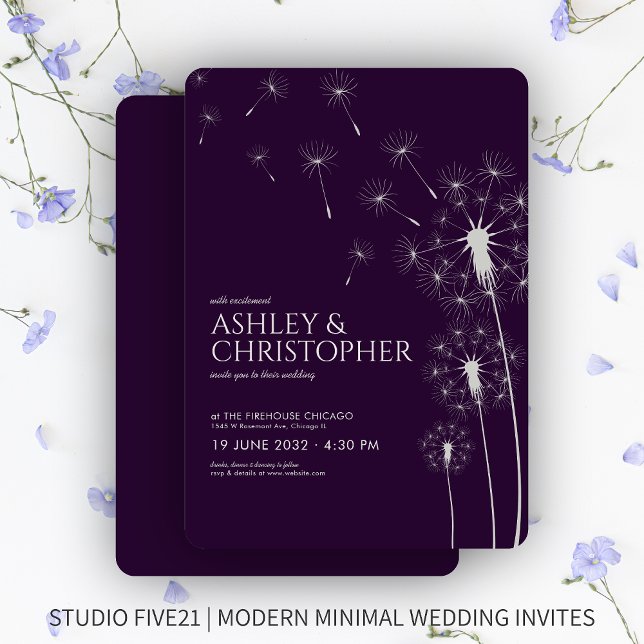 Simple Modern Dark Purple Dandelion Wedding Invitation (Creator Uploaded)