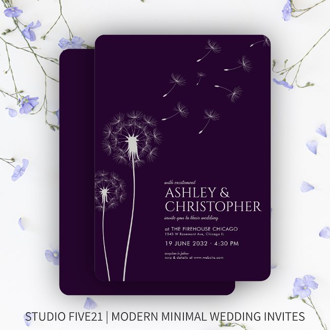 Simple Modern Dark Purple Dandelion Wedding Invitation (Creator Uploaded)
