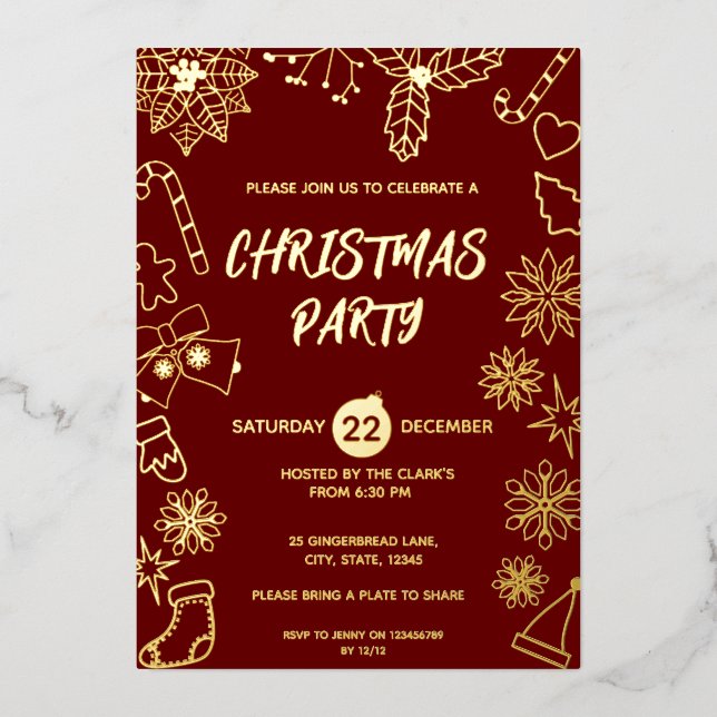 Simple Modern Dark Red and Gold Elegant Xmas Party (Front)