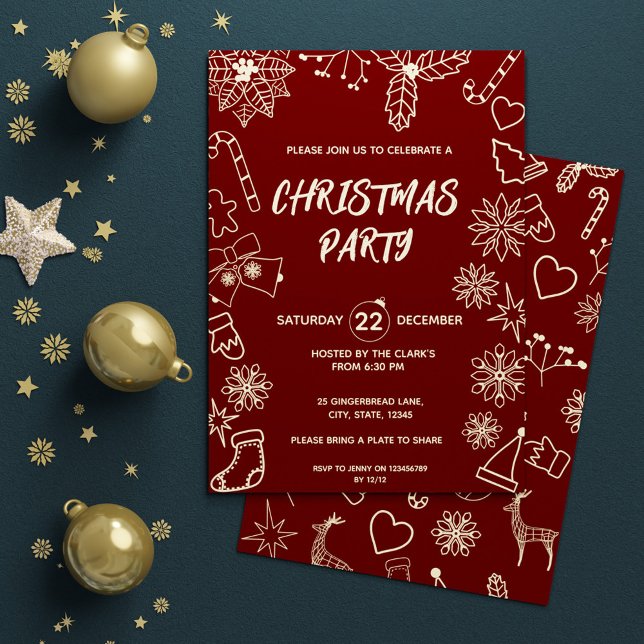 Simple Modern Dark Red and Gold Elegant Xmas Party Invitation (Simple Modern Dark Red and Gold Elegant Xmas Party Invitation)