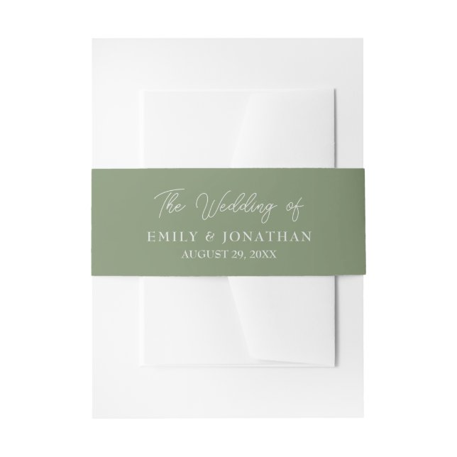 Simple Modern Dark Sage Green Gold White Wedding Invitation Belly Band (Front Example)