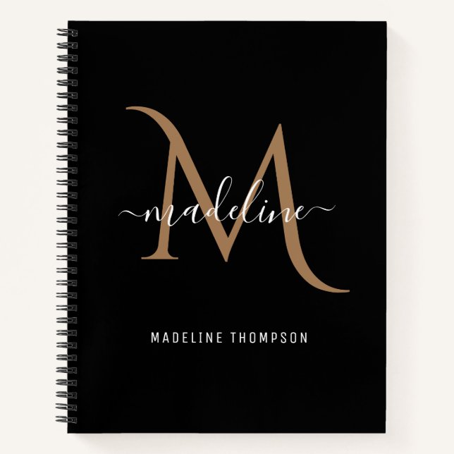 Simple Modern Decorative Black Gold Monogram Notebook (Front)
