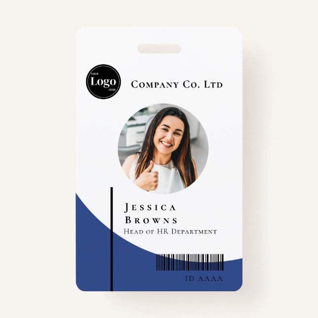 Simple Modern Deep Blue Business Employee Barcode ID Badge (Front)
