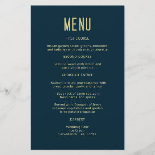 Simple Modern Deep Blue Gold Elegant Wedding Menu