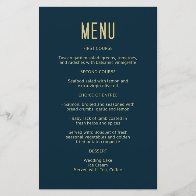 Simple Modern Deep Blue Gold Elegant Wedding Menu (Front)