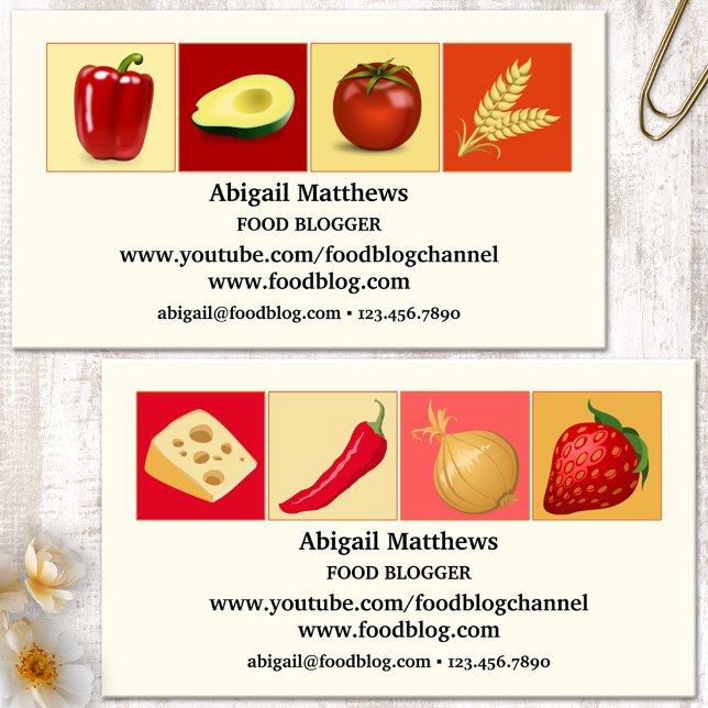 Simple Modern Design Food Blogger Business Card (Modern business card featuring imagery of different foods on colorful backgrounds - food blogger)
