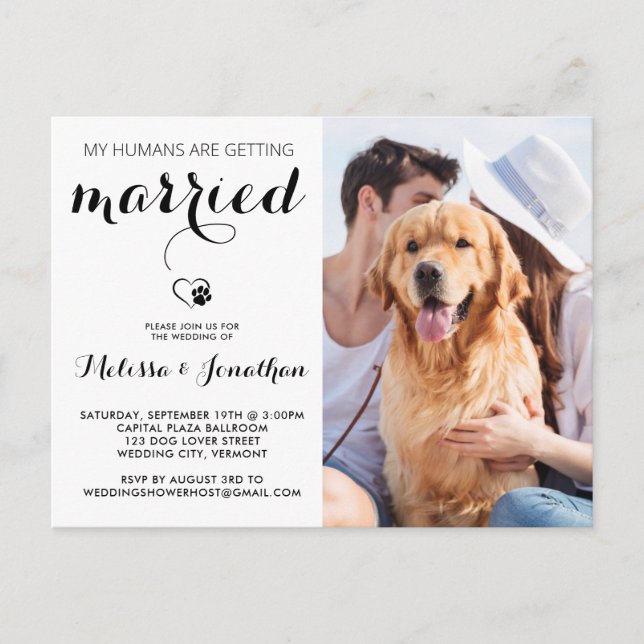 Simple Modern Dog Photo Personalised Pet Wedding Invitation Postcard (Front)