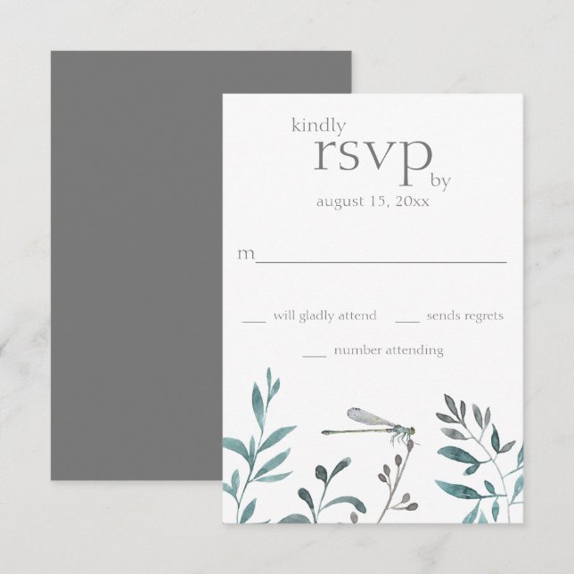 Simple Modern Dragonfly Garden Greenery Wedding RSVP Card (Front/Back)