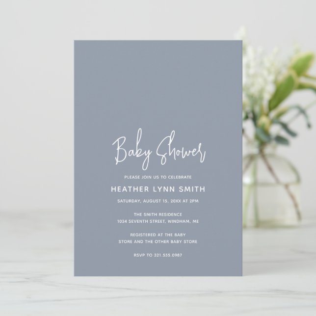 Simple Modern Dusty Blue Boy Elegant Baby Shower Invitation (Standing Front)
