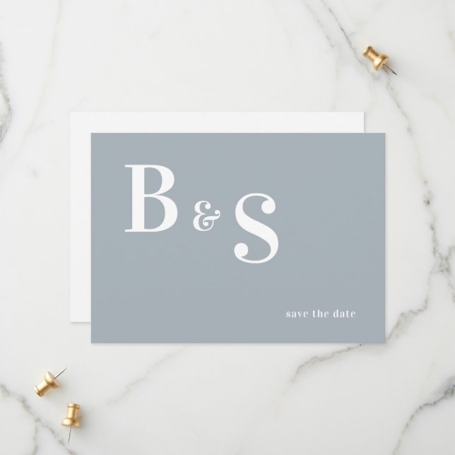 Simple Modern Dusty Blue Monogram QR Save the Date (Front/Back In Situ)