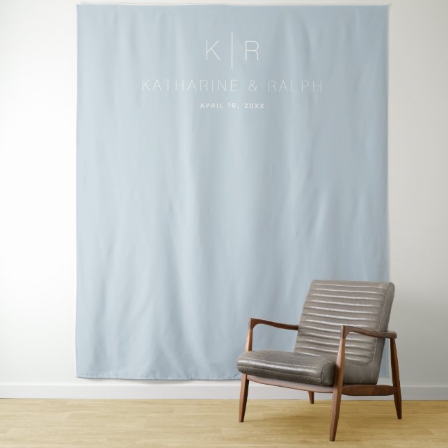 Simple Modern Dusty Blue Monogram Wedding Backdrop Tapestry (In Situ)