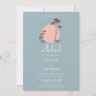Simple Modern Dusty Blue Palm Trees Beach Wedding Invitation