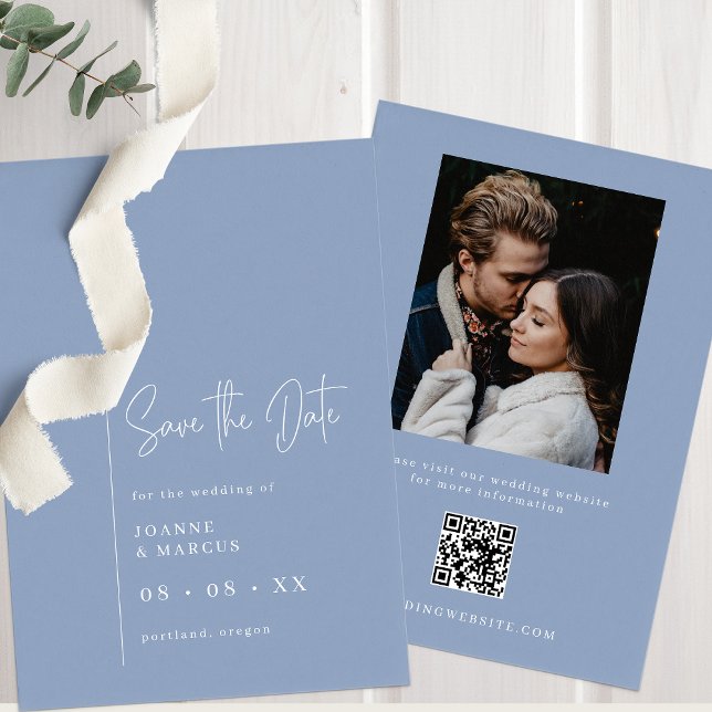 Simple Modern Dusty Blue Photo & QR Code Save The Date (Creator Uploaded)