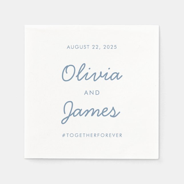 Simple Modern Dusty Blue Script Wedding Hashtag Napkin (Front)